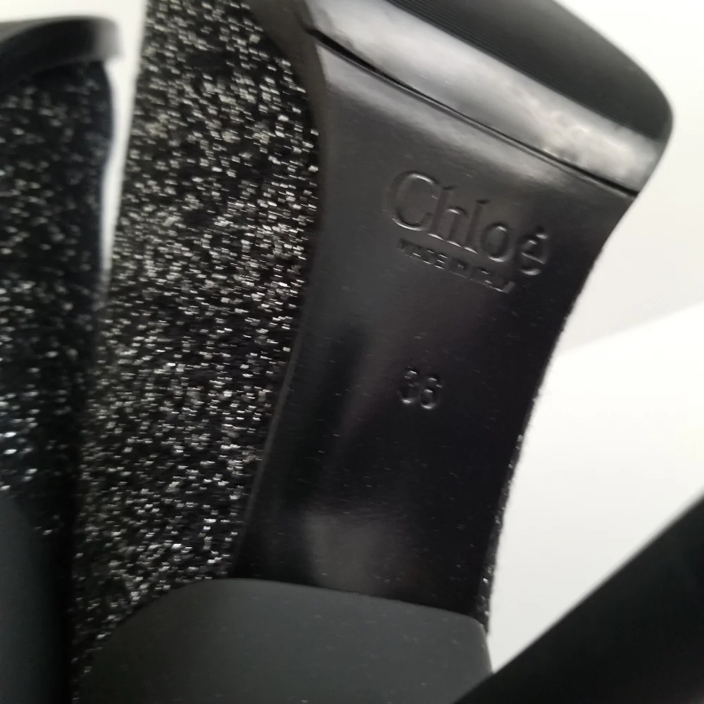 Chloe Lurex Knitted High Heel Elastic Sock Ankle Boots Size 36 Black Sil… - Picture 10 of 14